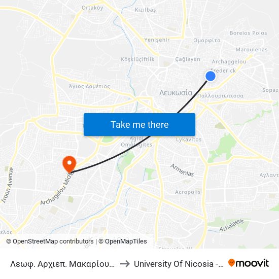 Λεωφ. Αρχιεπ. Μακαρίου Γ to University Of Nicosia - Citizens Free University map