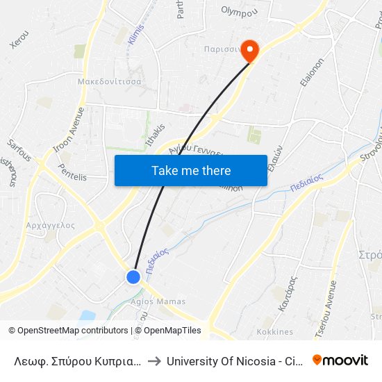 Λεωφ. Σπύρου Κυπριανού - Δημοκρατίας to University Of Nicosia - Citizens Free University map