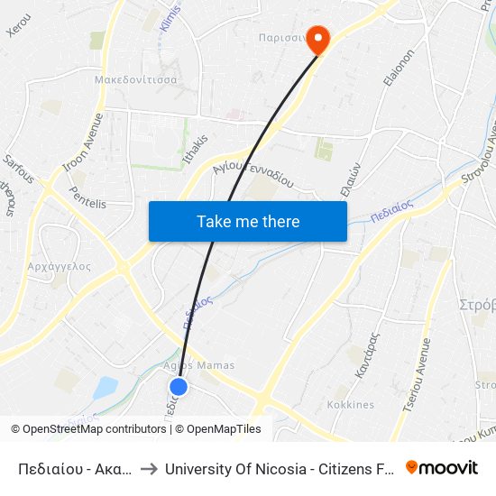 Πεδιαίου to University Of Nicosia - Citizens Free University map