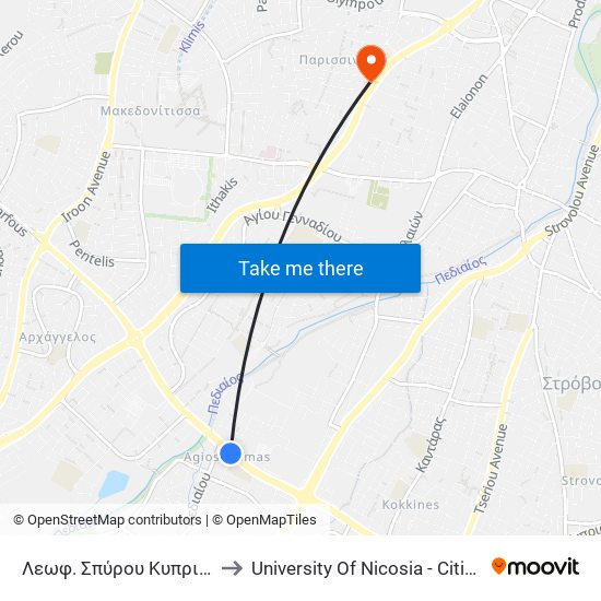 Λεωφ. Σπύρου Κυπριανού - Πεδιαίου to University Of Nicosia - Citizens Free University map