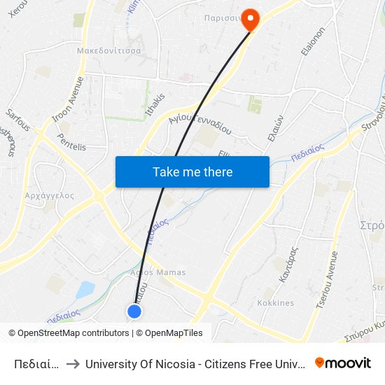 Πεδιαίου to University Of Nicosia - Citizens Free University map