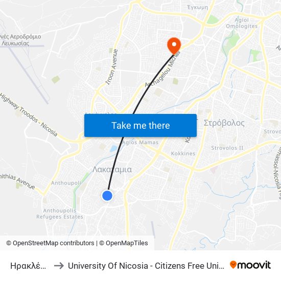 Ηρακλέους to University Of Nicosia - Citizens Free University map