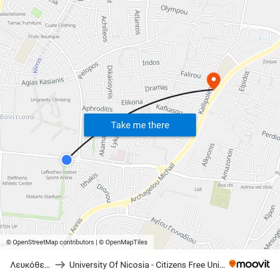 Λευκόθεο 1 to University Of Nicosia - Citizens Free University map