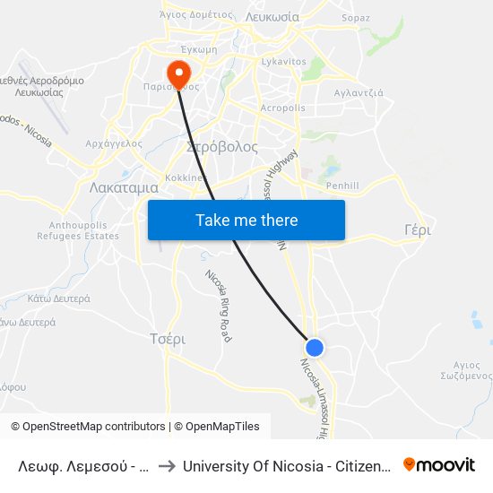 Λεωφ. Λεμεσού - Ελευσίνος to University Of Nicosia - Citizens Free University map