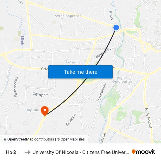 Ηρώων to University Of Nicosia - Citizens Free University map