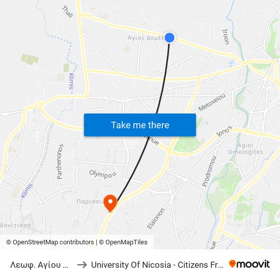 Λεωφ. Αγίου Παύλου to University Of Nicosia - Citizens Free University map