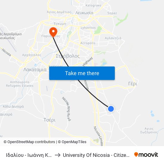 Ιδαλίου - Ιωάννη Καποδίστρια to University Of Nicosia - Citizens Free University map