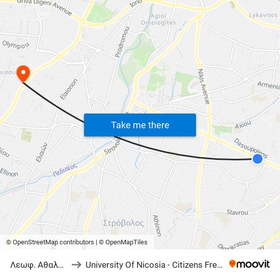 Λεωφ. Αθαλάσσας to University Of Nicosia - Citizens Free University map