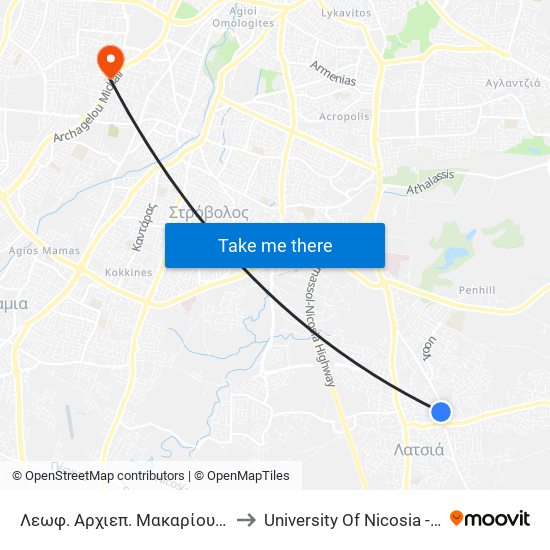 Λεωφ. Αρχιεπ. Μακαρίου Γ to University Of Nicosia - Citizens Free University map