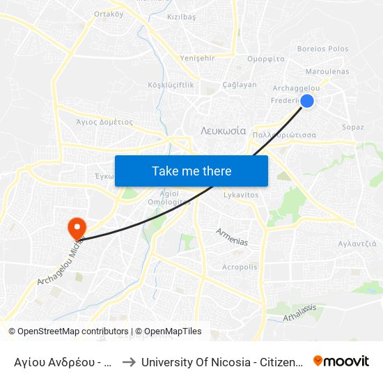 Αγίου Ανδρέου - Ηρακλείου to University Of Nicosia - Citizens Free University map