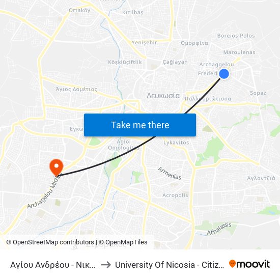 Αγίου Ανδρέου - Νικολάου Ιωάννου to University Of Nicosia - Citizens Free University map