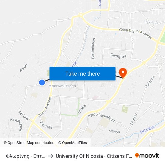 Φλωρίνης to University Of Nicosia - Citizens Free University map