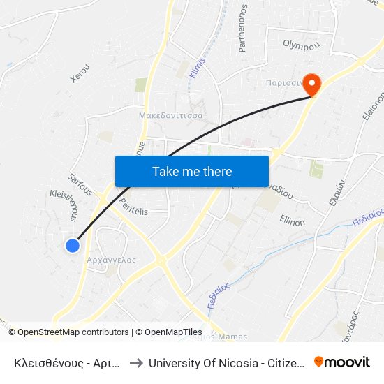 Κλεισθένους - Αριστογείτονος to University Of Nicosia - Citizens Free University map