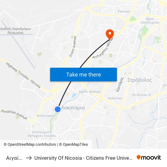 Αιγαίου to University Of Nicosia - Citizens Free University map