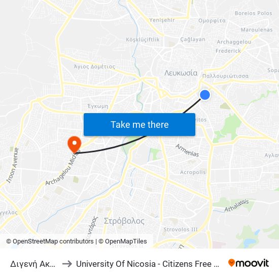 Διγενή Ακρίτα to University Of Nicosia - Citizens Free University map