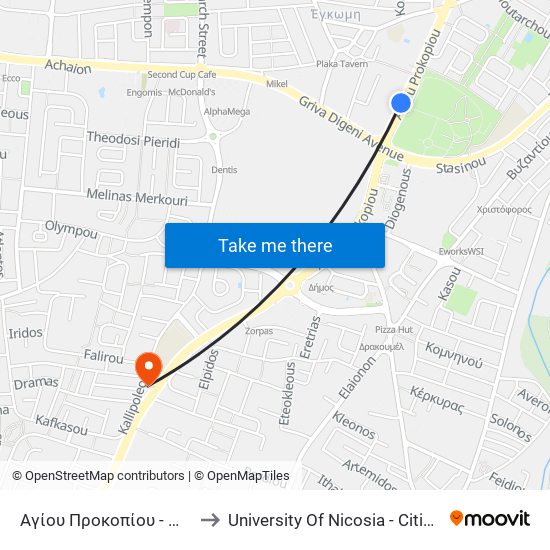 Αγίου Προκοπίου - Μετόχι Κύκκου 2 to University Of Nicosia - Citizens Free University map