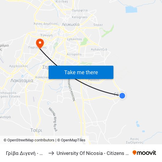 Γρίβα Διγενή to University Of Nicosia - Citizens Free University map