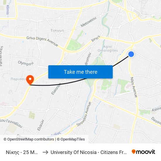 Νίκης - 25 Μαρτίου to University Of Nicosia - Citizens Free University map