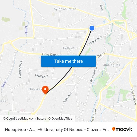 Ναυαρίνου to University Of Nicosia - Citizens Free University map