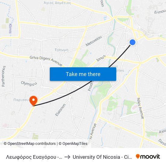 Λεωφόρος Ευαγόρου - Βασιλέως Παύλου to University Of Nicosia - Citizens Free University map