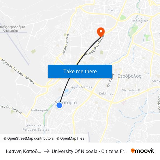 Ιωάννη Καποδίστρια to University Of Nicosia - Citizens Free University map