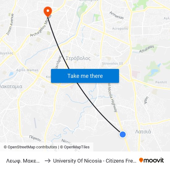 Λεωφ. Μακεδονίας to University Of Nicosia - Citizens Free University map