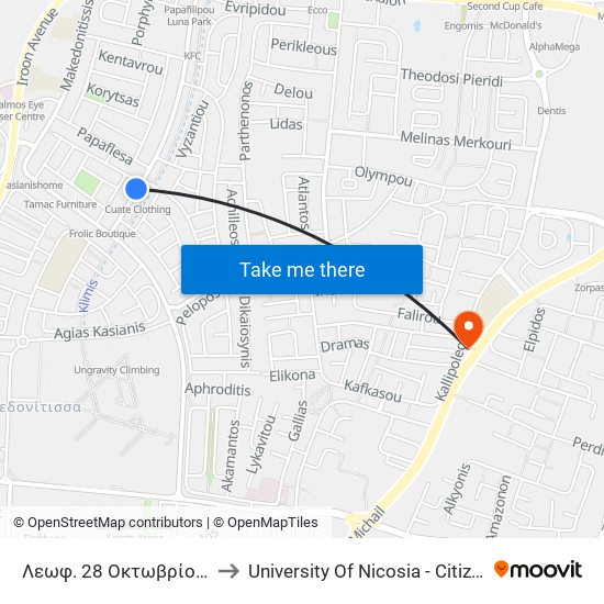 Λεωφ. 28 Οκτωβρίου - Παπαφλέσα to University Of Nicosia - Citizens Free University map