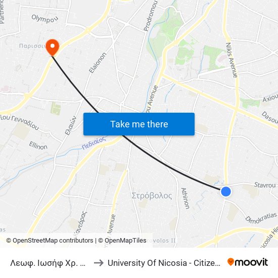 Λεωφ. Ιωσήφ Χρ. Χατζηιωσήφ to University Of Nicosia - Citizens Free University map