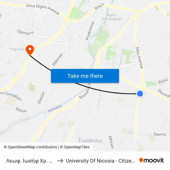 Λεωφ. Ιωσήφ Χρ. Χατζηιωσήφ to University Of Nicosia - Citizens Free University map