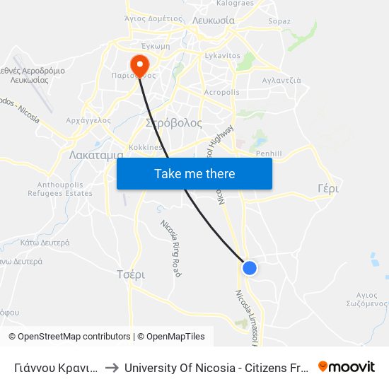 Γιάννου Κρανιδιώτη to University Of Nicosia - Citizens Free University map