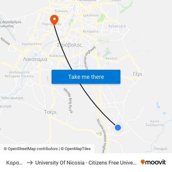 Καραβά to University Of Nicosia - Citizens Free University map