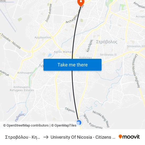 Στροβόλου - Κηφισίας 2 to University Of Nicosia - Citizens Free University map
