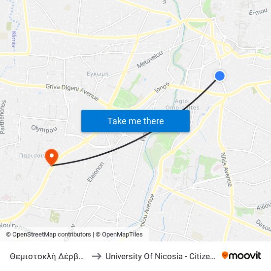 Θεμιστοκλή Δέρβη - Φλωρίνης to University Of Nicosia - Citizens Free University map
