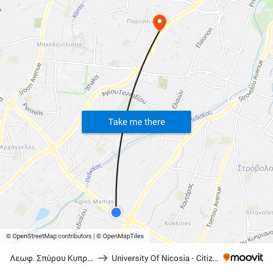 Λεωφ. Σπύρου Κυπριανού - Παβιλιον to University Of Nicosia - Citizens Free University map