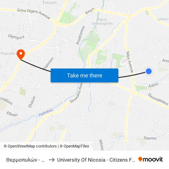 Θερμοπυλών to University Of Nicosia - Citizens Free University map