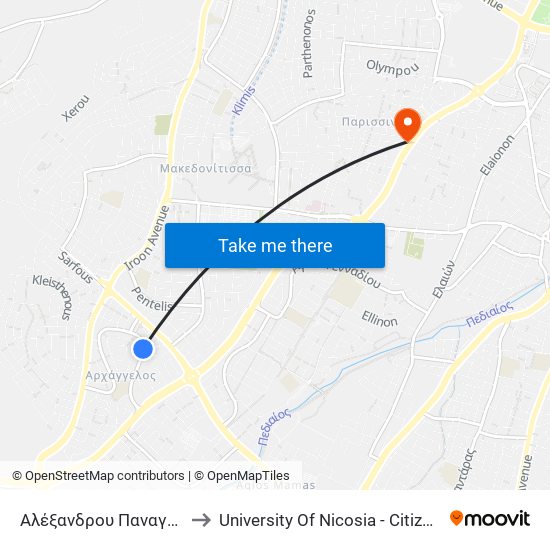 Αλέξανδρου Παναγούλη to University Of Nicosia - Citizens Free University map