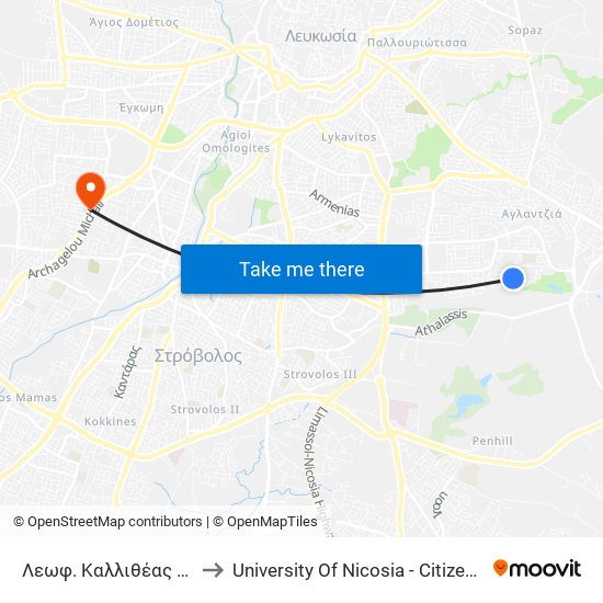 Λεωφ. Καλλιθέας to University Of Nicosia - Citizens Free University map