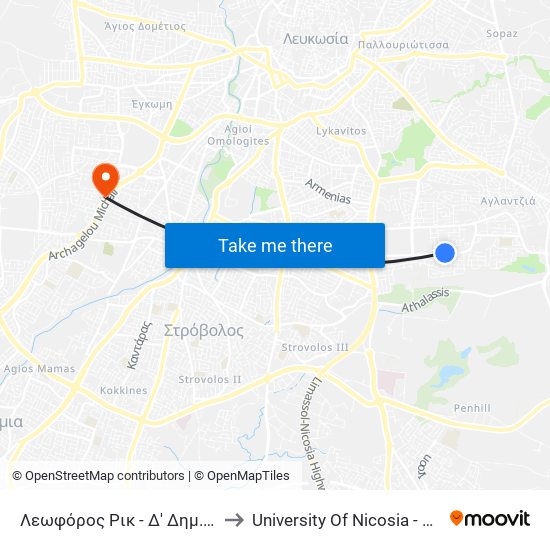 Δ' Δημοτικο Σχολείο Αγλαντζιας to University Of Nicosia - Citizens Free University map