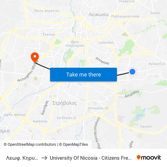 Λεωφ. Κηρυνείας to University Of Nicosia - Citizens Free University map