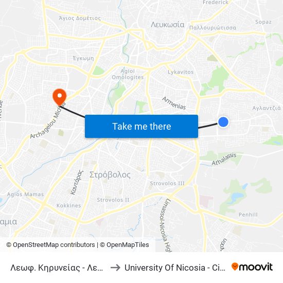 Λεωφ. Κηρυνείας to University Of Nicosia - Citizens Free University map