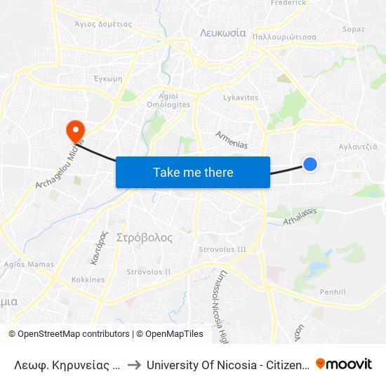 Λεωφ. Κηρυνείας to University Of Nicosia - Citizens Free University map