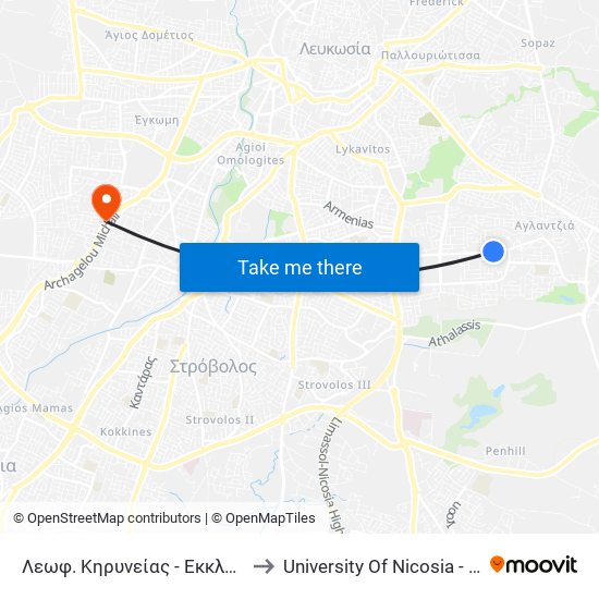 Λεωφ. Κηρυνείας to University Of Nicosia - Citizens Free University map