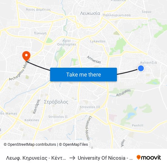 Λεωφ. Κηρυνείας to University Of Nicosia - Citizens Free University map