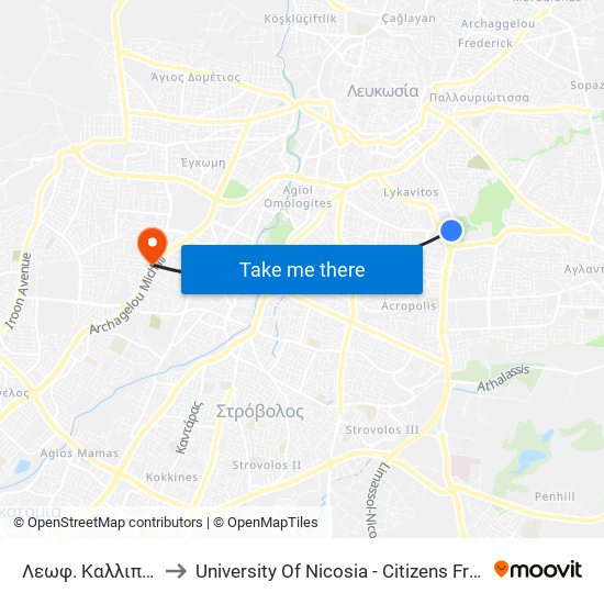 Λεωφ. Καλλιπόλεως to University Of Nicosia - Citizens Free University map