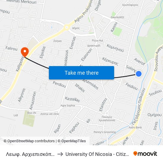 Λεωφ. Αρχιεπισκόπου Κυπριανού to University Of Nicosia - Citizens Free University map