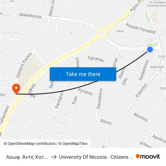 Λεωφ. Άντη Χατζηκωστή to University Of Nicosia - Citizens Free University map