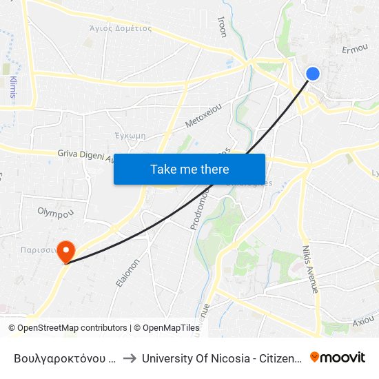 Βουλγαροκτόνου - Αρσινόης to University Of Nicosia - Citizens Free University map