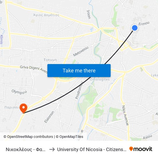 Νικοκλέους - Φανερωμένη to University Of Nicosia - Citizens Free University map