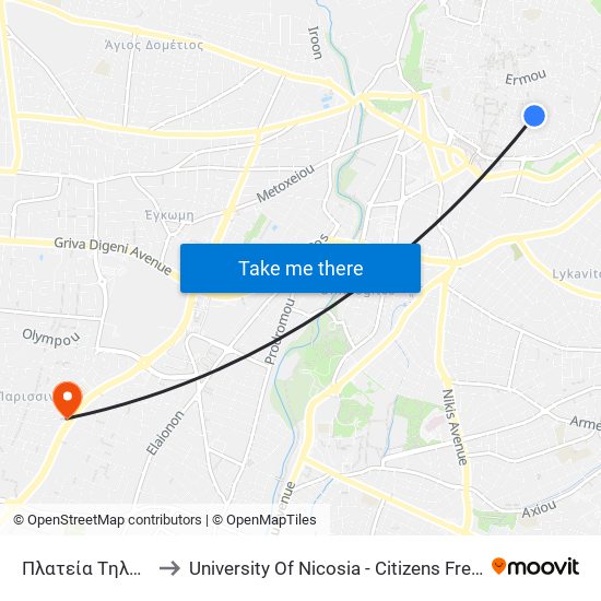 Πλατεία Tηλλυρίας to University Of Nicosia - Citizens Free University map