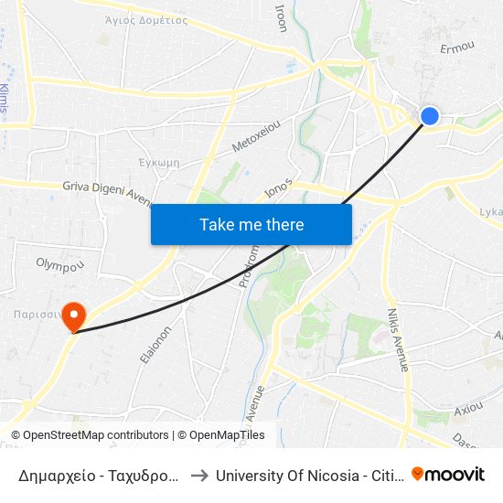 Δημαρχείο - Ταχυδρομείο - Βιβλιοθήκη to University Of Nicosia - Citizens Free University map